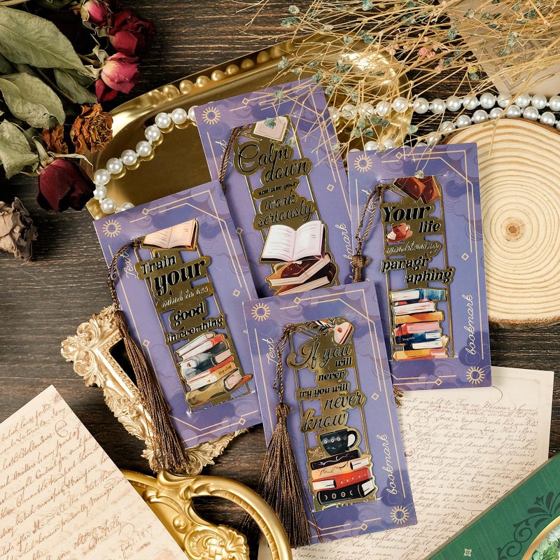 YOKSAS 4-Pack Metal Golden Hollow Inspirational Bookmarks with Tassels â€“ Vintage Book Lover's Gift, Motivational Quotes Book Marks for Reading Enthusiasts, Students, Teachers, Men, Women - Image 3