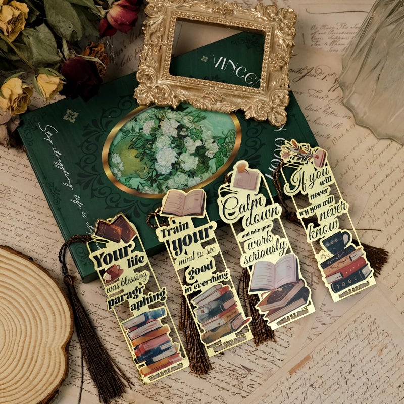 YOKSAS 4-Pack Metal Golden Hollow Inspirational Bookmarks with Tassels â€“ Vintage Book Lover's Gift, Motivational Quotes Book Marks for Reading Enthusiasts, Students, Teachers, Men, Women - Image 1