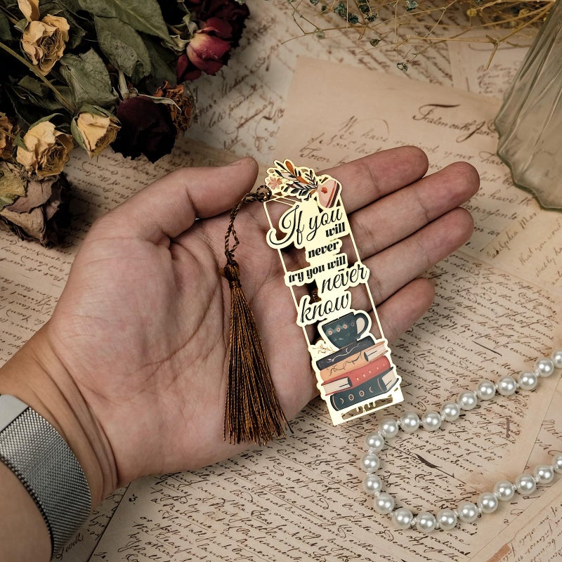 YOKSAS 4-Pack Metal Golden Hollow Inspirational Bookmarks with Tassels â€“ Vintage Book Lover's Gift, Motivational Quotes Book Marks for Reading Enthusiasts, Students, Teachers, Men, Women - Image 4