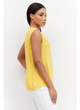 Zero Women Split Neck Sleeveless Textured Top, Mustard  - Image 3