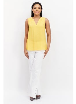 Zero Women Split Neck Sleeveless Textured Top, Mustard  - Image 4