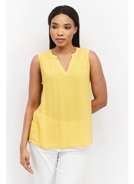 Zero Women Split Neck Sleeveless Textured Top, Mustard  - Image 1