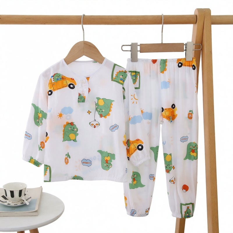 Long Sleeve Cotton Silk Pajama Set for Kids Summer Spring Sleepwear Home Suit - Image 3