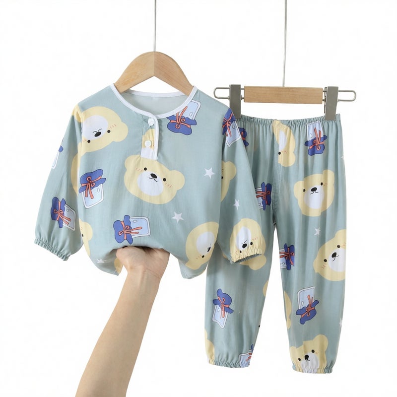 Long Sleeve Cotton Silk Pajama Set for Kids Summer Spring Sleepwear Home Suit - Image 2