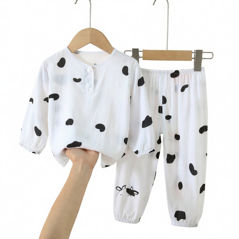 Long Sleeve Cotton Silk Pajama Set for Kids Summer Spring Sleepwear Home Suit - Image 1