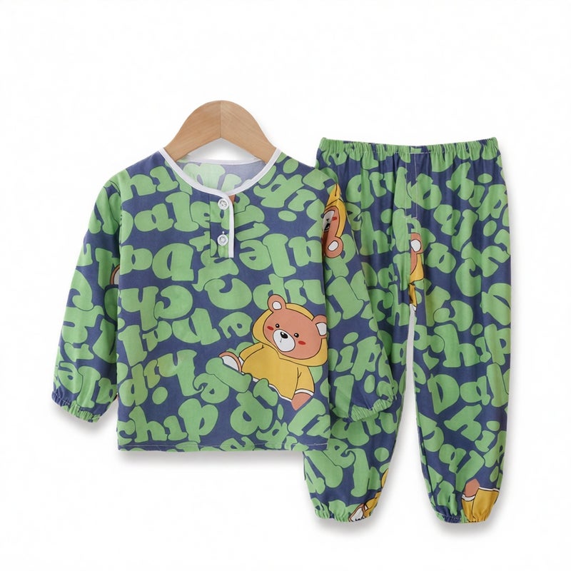 Long Sleeve Cotton Silk Pajama Set for Kids Summer Spring Sleepwear Home Suit - Image 5