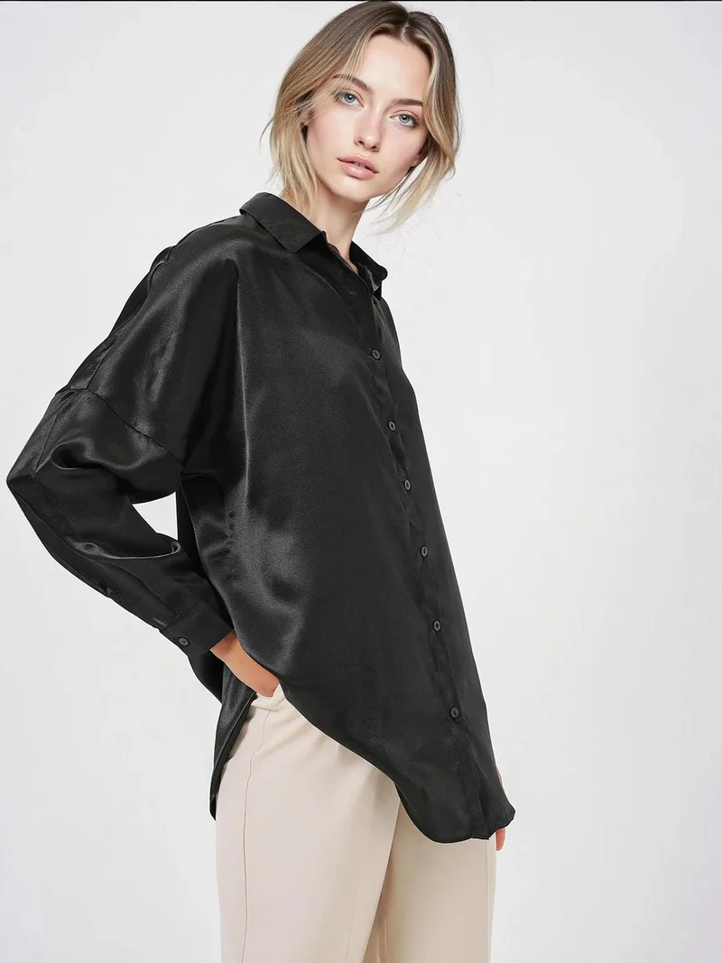Big Dart Black Oversized Satin Button-Front Shirt for Women | Best Price UAE