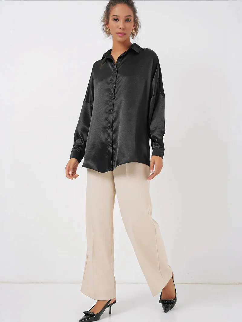 Big Dart Black Oversized Satin Button-Front Shirt for Women | Best Price UAE