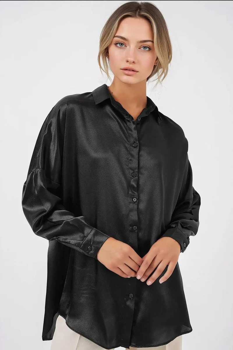 Big Dart Oversized Satin Button-Front Shirt