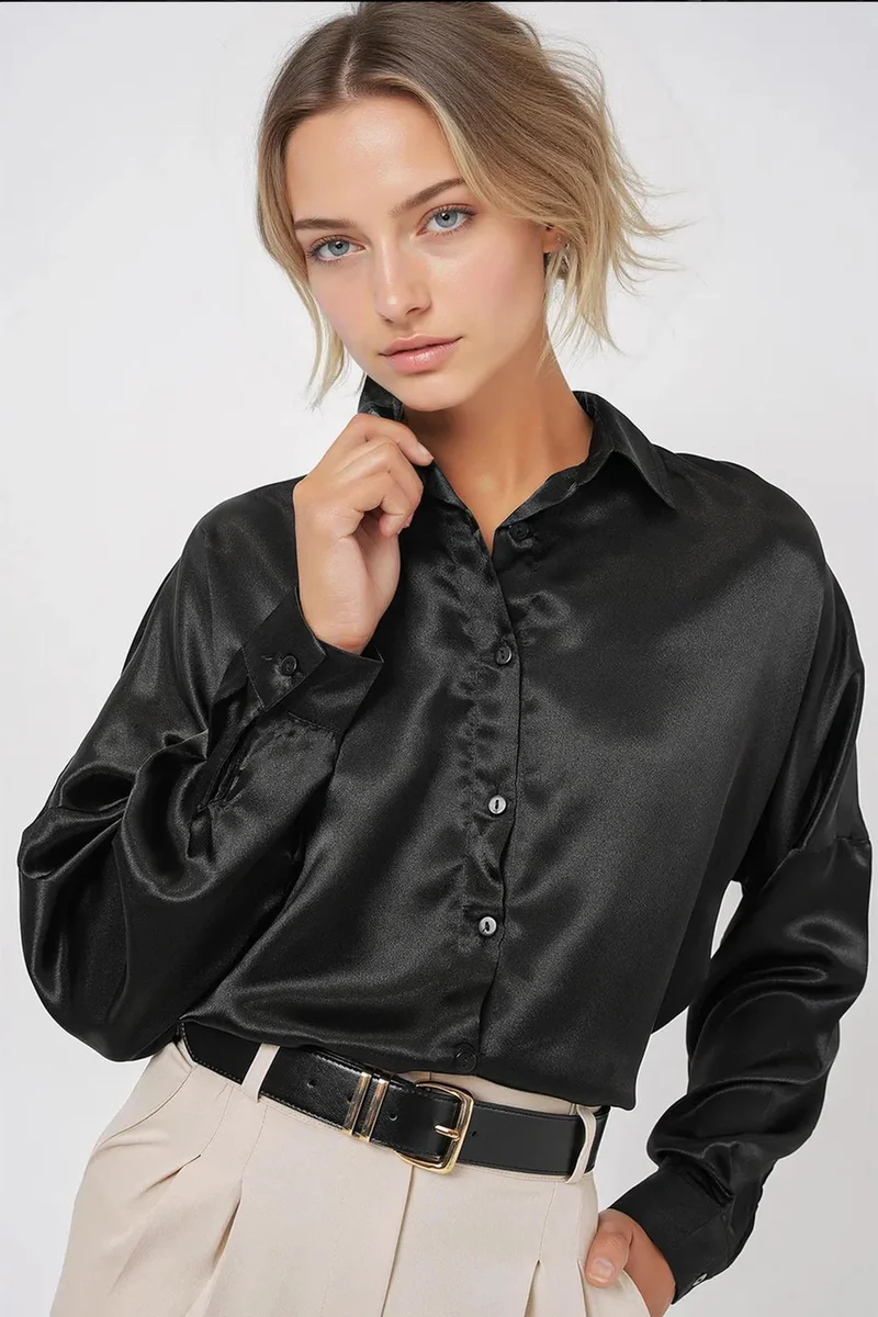 Big Dart Oversized Satin Button-Front Shirt