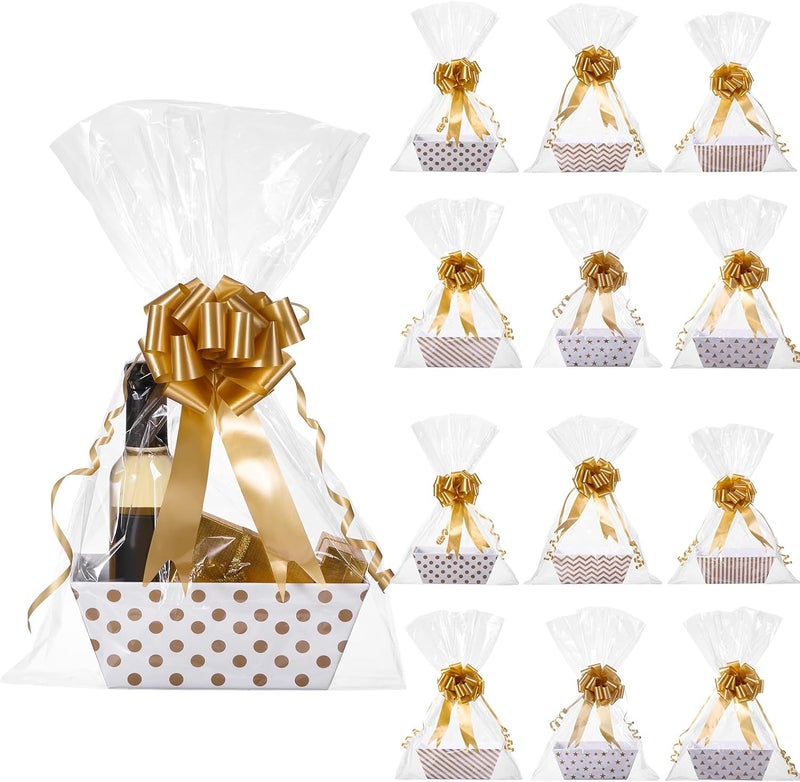 Canlierr 50 Pcs Basket for Gifts Empty Include 12 Pcs 8 x 6 x 3 Basket Empty to Fill with Handles 18 Pull Bows and 20 Clear Plastic Bags for Wedding Birthday Party Gift WrappingGolden - Image 1