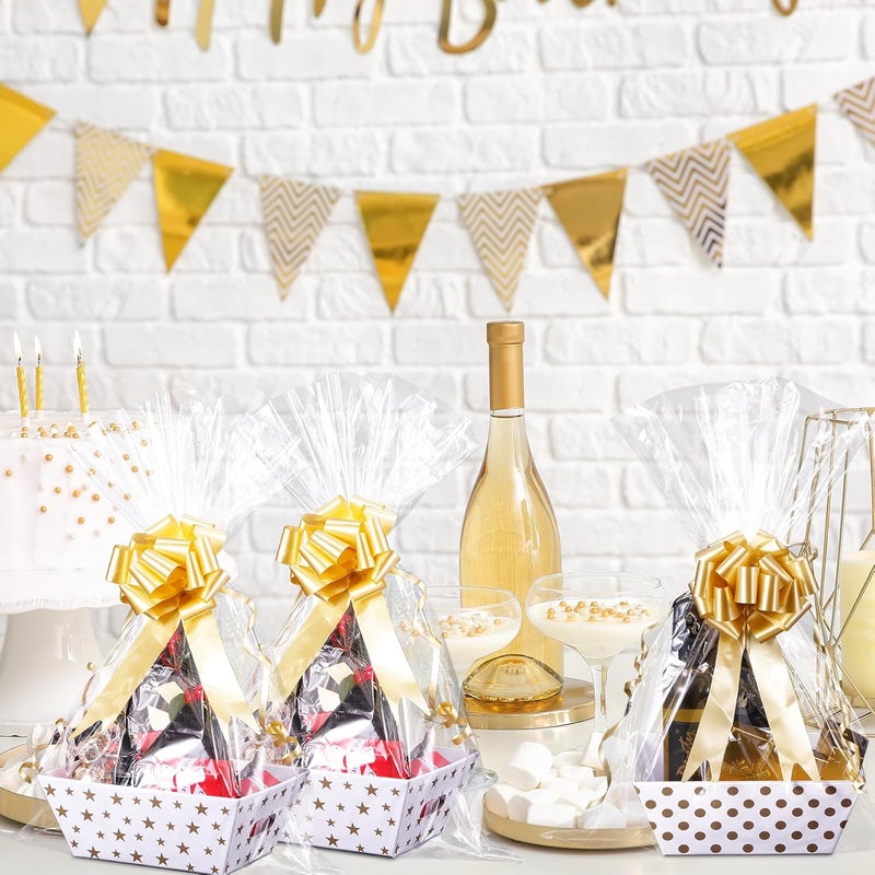 Canlierr 50 Pcs Basket for Gifts Empty Include 12 Pcs 8 x 6 x 3 Basket Empty to Fill with Handles 18 Pull Bows and 20 Clear Plastic Bags for Wedding Birthday Party Gift WrappingGolden - Image 5
