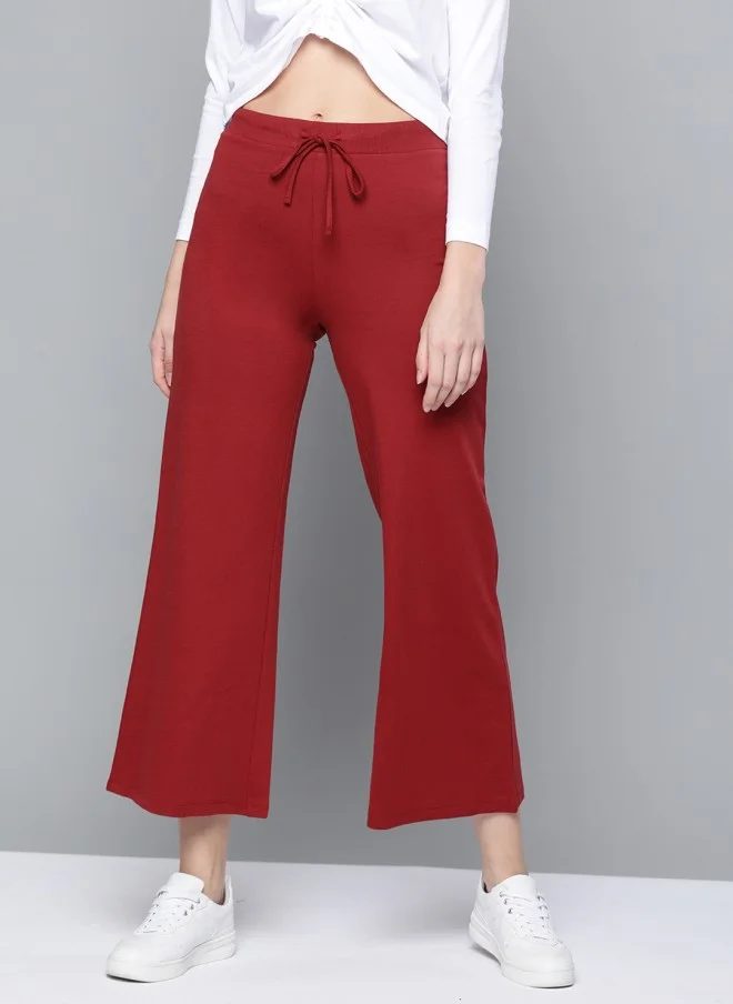 SASSAFRAS Red High-Rise Cropped Wide Leg Track Pants for Women