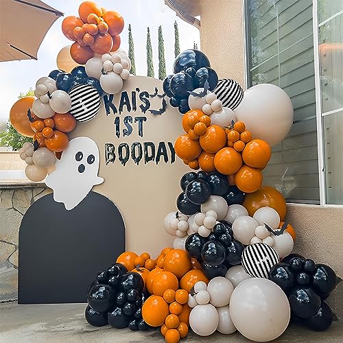 UAEYW Halloween Balloon Arch Garland Kit 144PCS Burnt Orange Black Sand White Balloons with Striped Foil Balloons for Halloween Day Party Decorations - Image 1