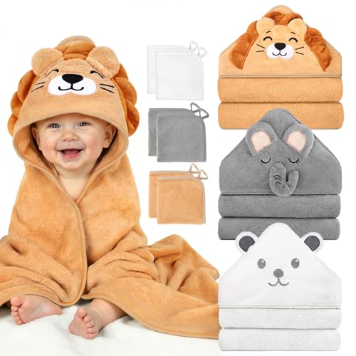 CandyHome 9 PCS Baby Bath Towels for Infants Toddlers, 3 PCS Animal Hooded Baby Towels & 6 PCS Washcloths Set, Ultra Absorbent Soft Cute Newborn Bath Essentials Gifts for Boys & Girls - Image 1