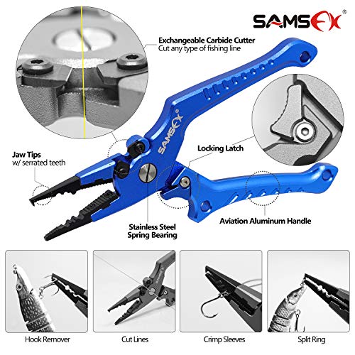 SAMSFX Aluminum Fishing Pliers Hook Remover Braid Line Cutter with Coiled Lanyard, Fly Fishing Knot Tying Tool & Retractors (Blue Handle, Split Ring Nose) - Image 2