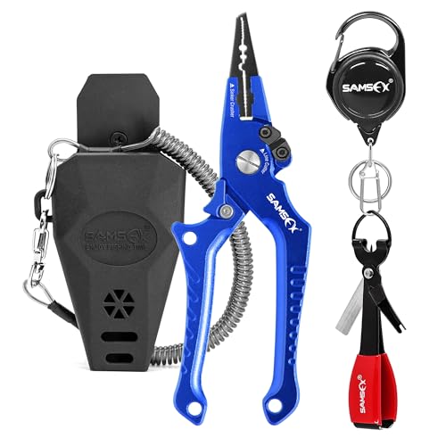 SAMSFX Aluminum Fishing Pliers Hook Remover Braid Line Cutter with Coiled Lanyard, Fly Fishing Knot Tying Tool & Retractors (Blue Handle, Split Ring Nose) - Image 1
