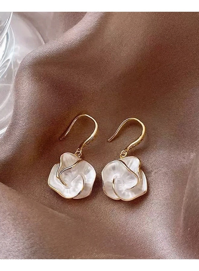 Gold Plated Mother of Pearl Flower Drop Earrings for Women - Elegant Gentle Daily Wear Ladies Hook Earrings - Image 1