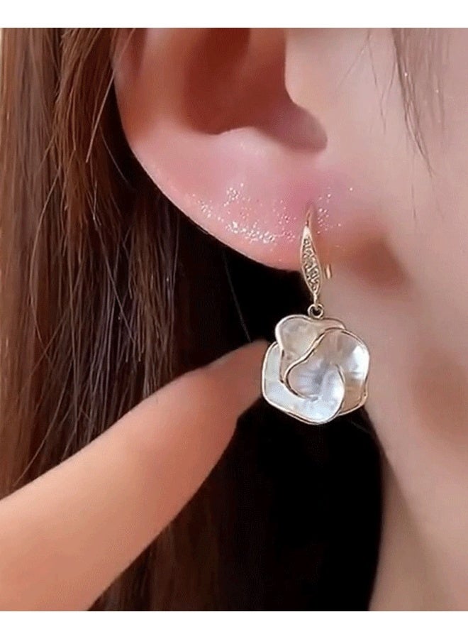 Gold Plated Mother of Pearl Flower Drop Earrings for Women - Elegant Gentle Daily Wear Ladies Hook Earrings - Image 5