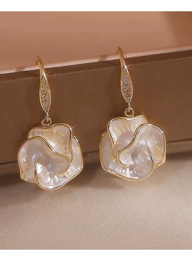 Gold Plated Mother of Pearl Flower Drop Earrings for Women - Elegant Gentle Daily Wear Ladies Hook Earrings - Image 3