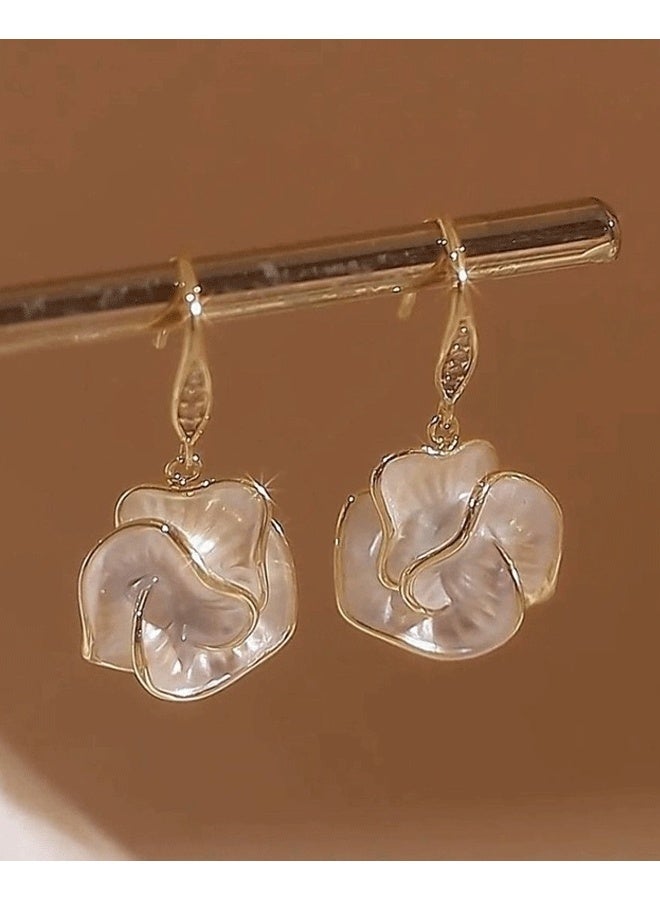 Gold Plated Mother of Pearl Flower Drop Earrings for Women - Elegant Gentle Daily Wear Ladies Hook Earrings - Image 2