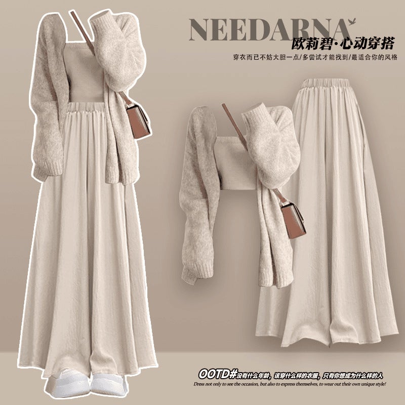Lazy Style Wear A Whole Suit Knitted Cardigan Jacket Vest Casual Wide Leg Skirt Three-Piece Set - Image 3
