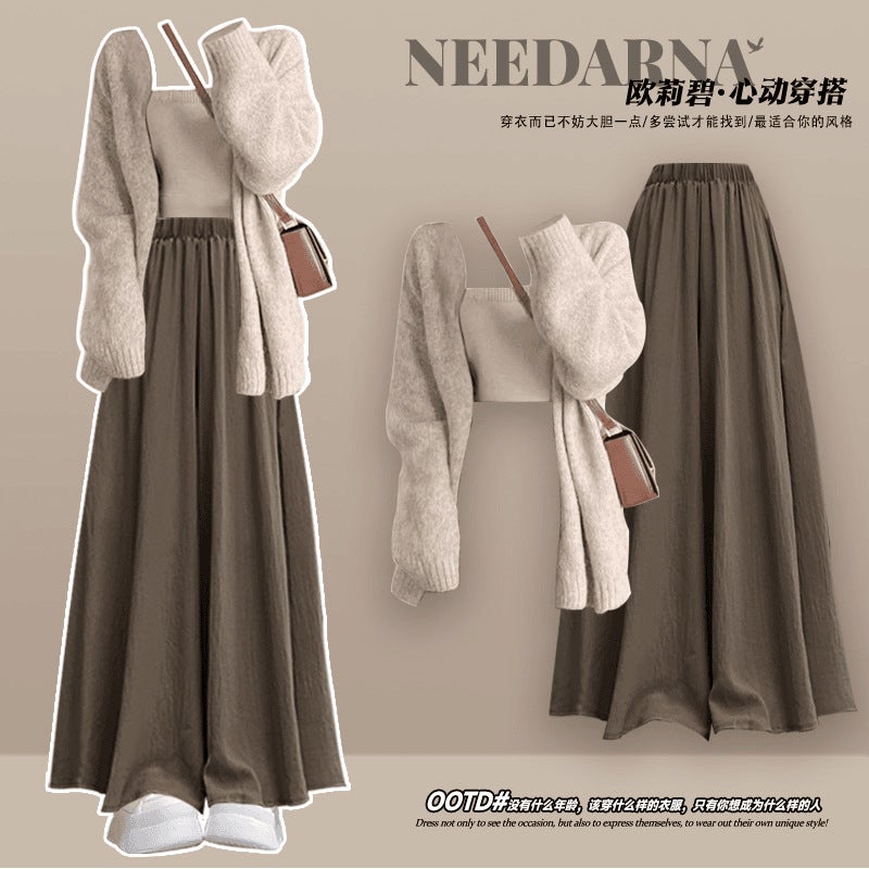 Lazy Style Wear A Whole Suit Knitted Cardigan Jacket Vest Casual Wide Leg Skirt Three-Piece Set - Image 5