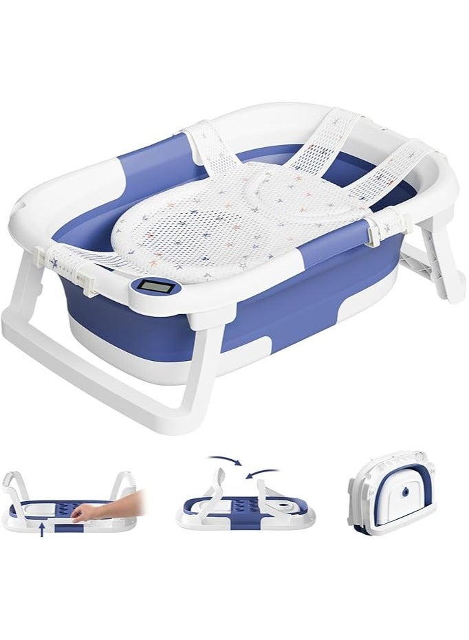 Baby Bathtub for Infants to Toddler, Portable Travel Bathtub Multifunctional Bathtub with Drain Hole, Baby Folding Bathtub for Newborn 0-36 Month (Blue+Floating Baby Bath Cushion) - Image 1