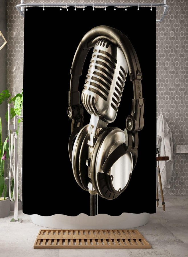 WELMECO Music Shower Curtain Microphone Print Black Shower Curtain 72x72inch Polyester Fabric Bathroom Decor - Image 2