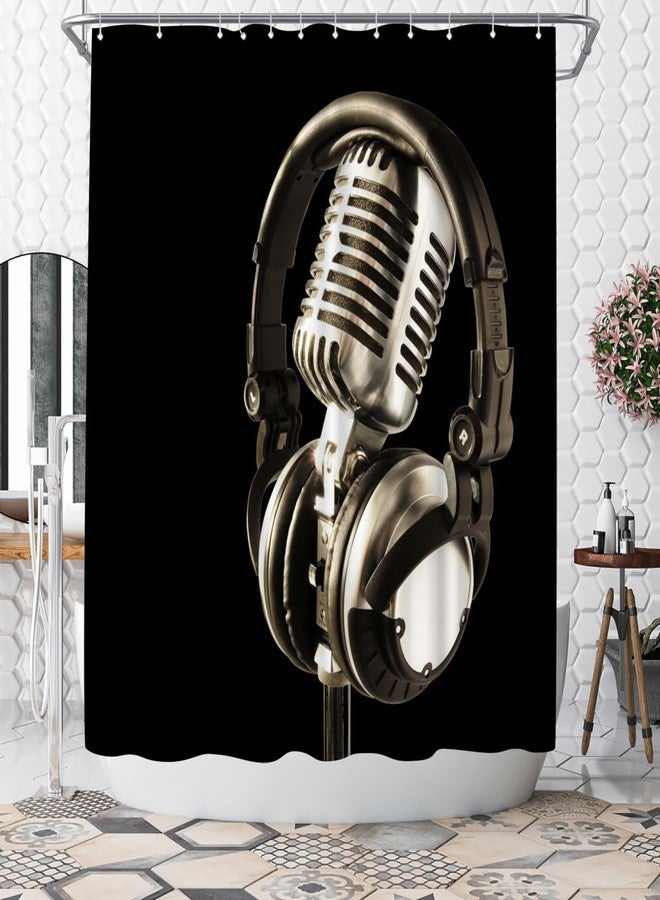 WELMECO Music Shower Curtain Microphone Print Black Shower Curtain 72x72inch Polyester Fabric Bathroom Decor - Image 1