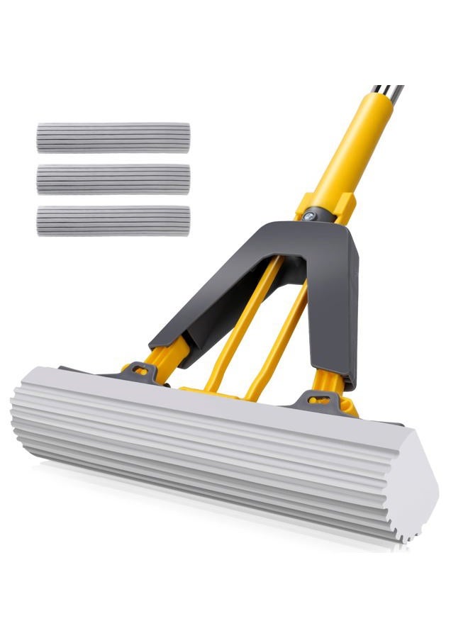 Masthome Sponge Mop, Roller Mop with 3 Super Absorbent Sponge Mop Refills, Self Squeeze Sponge Mop for Tile Marble Laminate Floor Cleaning - Image 1