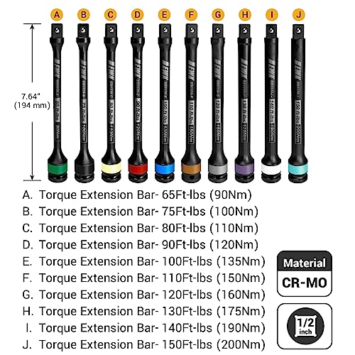 EWK 10 Pcs 1/2" Impact Torque Limiting Extension Bar Set, 65-150 Ft-lbs (90-200 Nm) High Precision Torque Limiting Stick Set with 8 Inches Long - Image 2