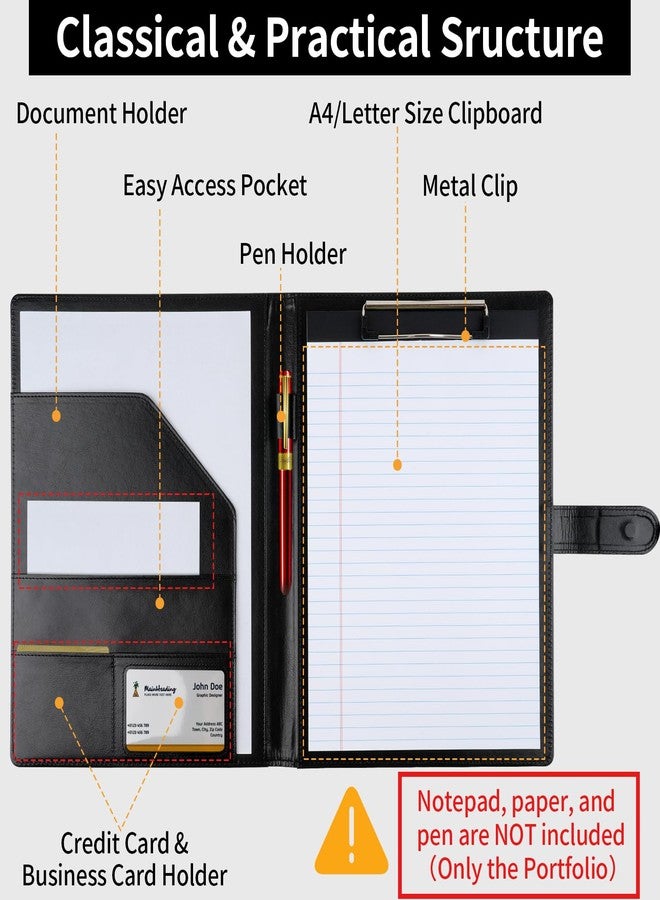 MOWPOG Professional Padfolio with Clipboard, Faux Leather Portfolio Folder Binder, Legal Pad Holder for A4 Letter Size Notepad, Resume, Writing Pad, Ideal Organizer for Business Office Conference, Black - Image 3