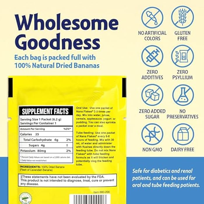 Nutritional Designs Nana Flakes 100% Pure Banana Flakes Medical Food Powder - Decrease Fat Intake & Natural Remedy for Diarrhea & Heart Burn - Great Source of Protein & Fiber (25 Single-Serve Packs) - Image 5