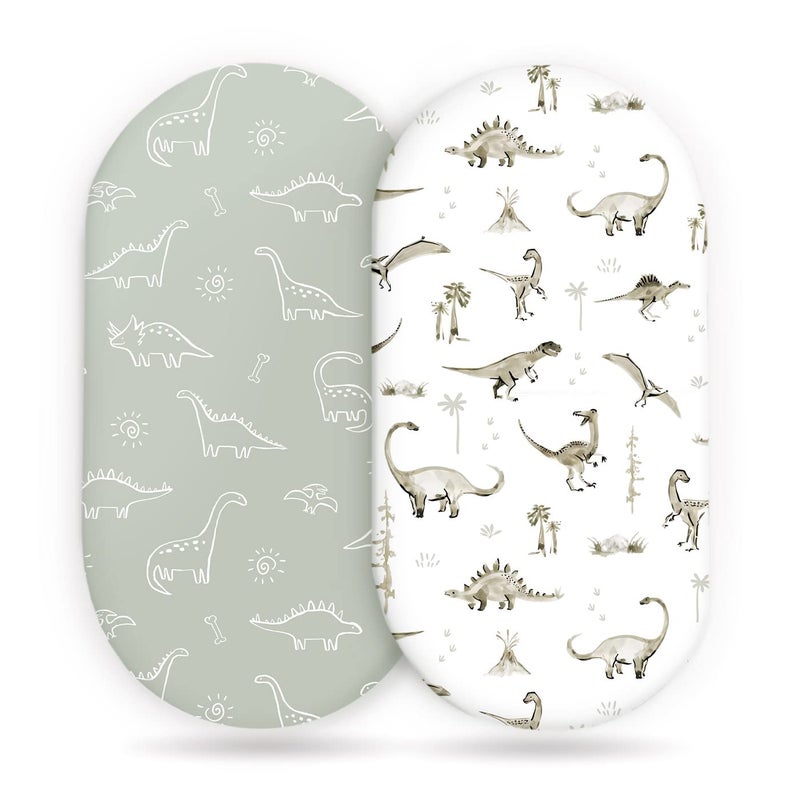 GRSSDER Stretch Ultra Soft Fitted Bassinet Sheet Set 2 Pack, Universal Fit for Bassinets Baby Cradle Moses Basket Oval Rectangle Mattress Safe and Snug, Dinosaur - Image 1