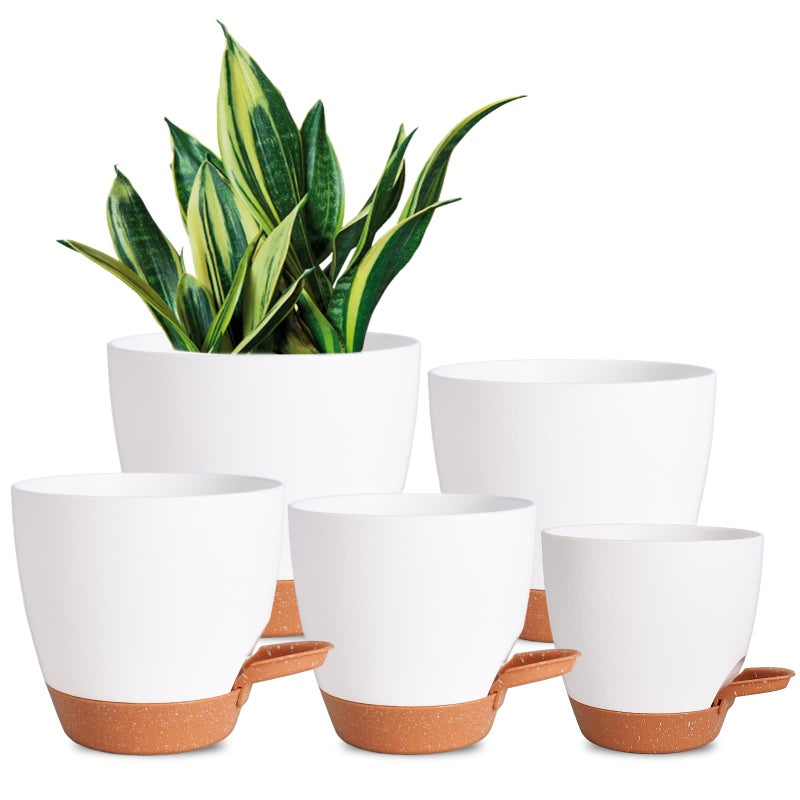 Vanslogreen Plant Pots for Indoor Plants 5 Pack Self Watering Planters 7656555 Inch Self Watering Pots with Drainage Hole Plastic Flower Pot for Herbs Succulents African Violet White