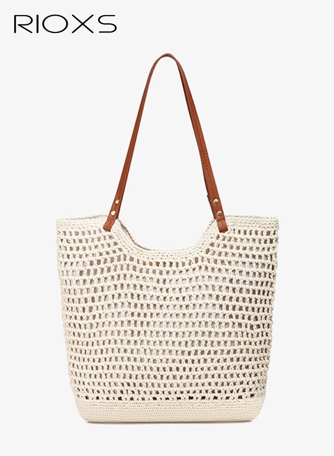 ريوكس حقيبة شاطئ نسائية، حقيبة كروشيه فريدة من نوعها، حقيبة شاطئ بوهيمية عصرية صيفية مع إبزيم، حقيبة كتف كبيرة السعة منسوجة للسيدات، حقيبة يد عملية للسيدات، حقيبة شاطئ شبكية، حقيبة سفر، حقيبة يومية للسفر، العطلات، المواعيد، العمل والمزيد، بيج - Image 1