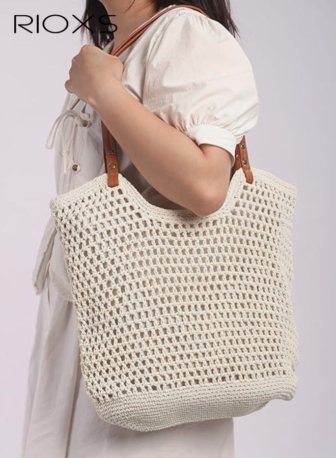 ريوكس حقيبة شاطئ نسائية، حقيبة كروشيه فريدة من نوعها، حقيبة شاطئ بوهيمية عصرية صيفية مع إبزيم، حقيبة كتف كبيرة السعة منسوجة للسيدات، حقيبة يد عملية للسيدات، حقيبة شاطئ شبكية، حقيبة سفر، حقيبة يومية للسفر، العطلات، المواعيد، العمل والمزيد، بيج - Image 3