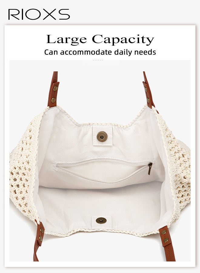 ريوكس حقيبة شاطئ نسائية، حقيبة كروشيه فريدة من نوعها، حقيبة شاطئ بوهيمية عصرية صيفية مع إبزيم، حقيبة كتف كبيرة السعة منسوجة للسيدات، حقيبة يد عملية للسيدات، حقيبة شاطئ شبكية، حقيبة سفر، حقيبة يومية للسفر، العطلات، المواعيد، العمل والمزيد، بيج - Image 4