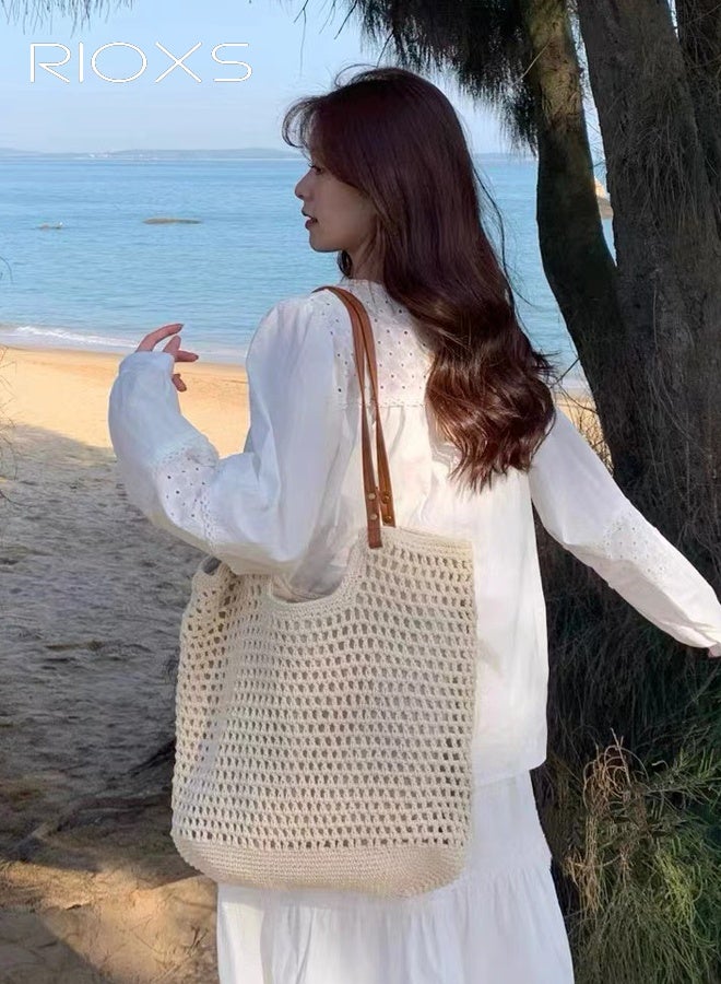 ريوكس حقيبة شاطئ نسائية، حقيبة كروشيه فريدة من نوعها، حقيبة شاطئ بوهيمية عصرية صيفية مع إبزيم، حقيبة كتف كبيرة السعة منسوجة للسيدات، حقيبة يد عملية للسيدات، حقيبة شاطئ شبكية، حقيبة سفر، حقيبة يومية للسفر، العطلات، المواعيد، العمل والمزيد، بيج - Image 2