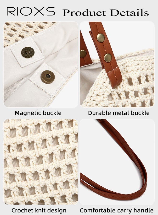 ريوكس حقيبة شاطئ نسائية، حقيبة كروشيه فريدة من نوعها، حقيبة شاطئ بوهيمية عصرية صيفية مع إبزيم، حقيبة كتف كبيرة السعة منسوجة للسيدات، حقيبة يد عملية للسيدات، حقيبة شاطئ شبكية، حقيبة سفر، حقيبة يومية للسفر، العطلات، المواعيد، العمل والمزيد، بيج - Image 5