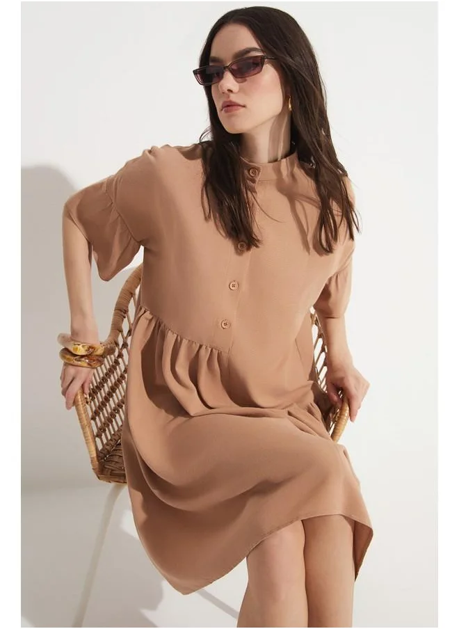 JUNE June Asymmetrical Detailed Dress Tan