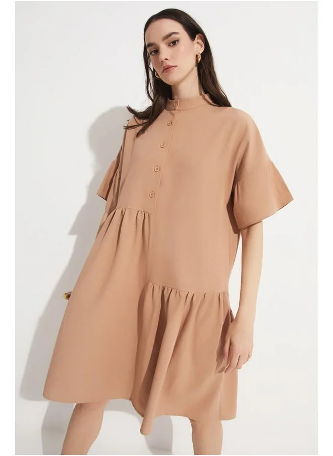 JUNE June Asymmetrical Detailed Dress Tan