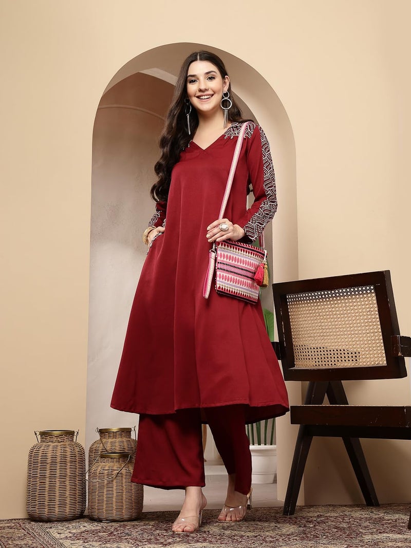 Stylum Women's Maroon Solid Crepe A-Line Kurta Pant Set (XX-Large) - Image 5