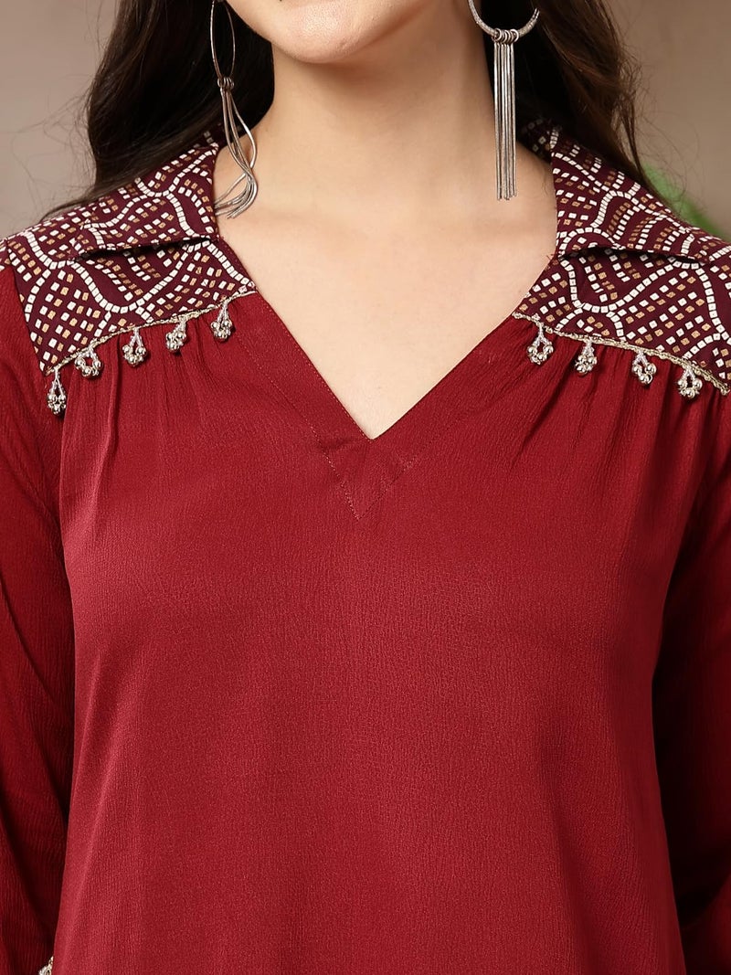 Stylum Women's Maroon Solid Crepe A-Line Kurta Pant Set (XX-Large) - Image 4