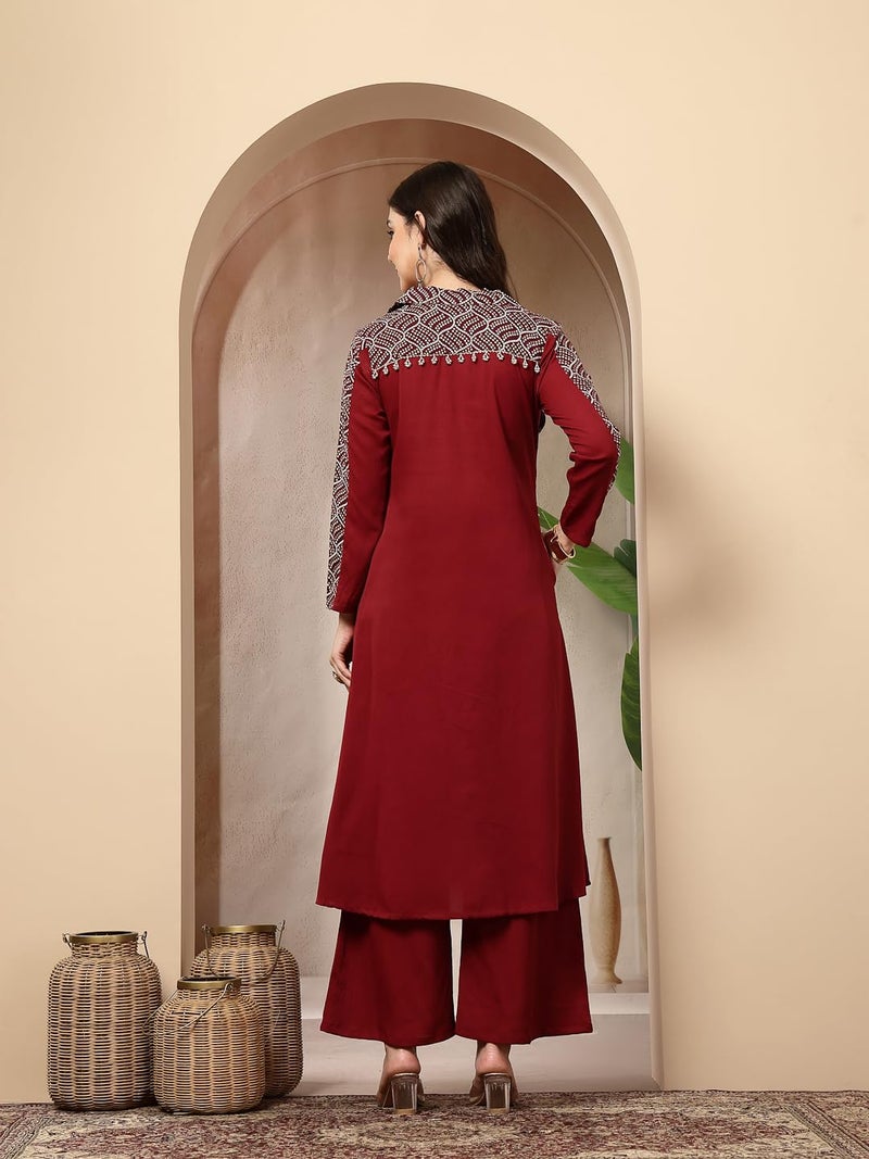 Stylum Women's Maroon Solid Crepe A-Line Kurta Pant Set (XX-Large) - Image 2