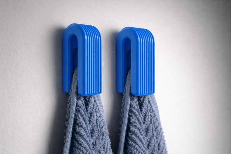 Modern Auto Locking Towel Hook, Arch Shape, Ribbed Minimalist Design, Self-Adhesive Wall Hanger, Blue, White and Black, 2 Pieces (Black) - Image 2