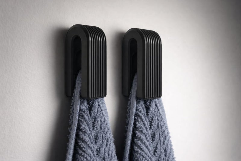 Modern Auto Locking Towel Hook, Arch Shape, Ribbed Minimalist Design, Self-Adhesive Wall Hanger, Blue, White and Black, 2 Pieces (Black) - Image 1