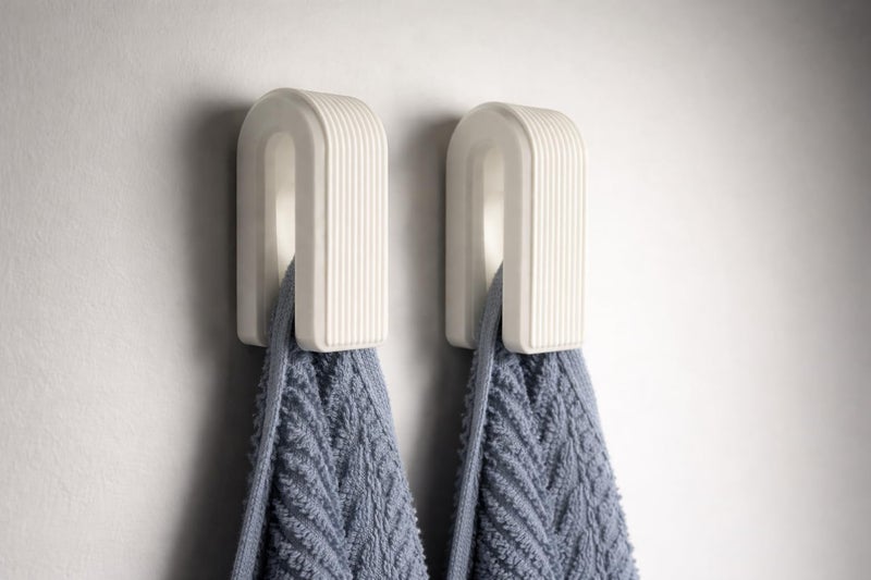 Modern Auto Locking Towel Hook, Arch Shape, Ribbed Minimalist Design, Self-Adhesive Wall Hanger, Blue, White and Black, 2 Pieces (Black) - Image 3