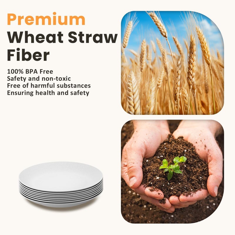 Homienly Wheat Straw Plates Flat Dinner Plates Unbreakable Plate for Kitchen Camping Outdoor Microwave and Dishwasher Safe Plates Set 9 inch Set of 8  White - Image 3